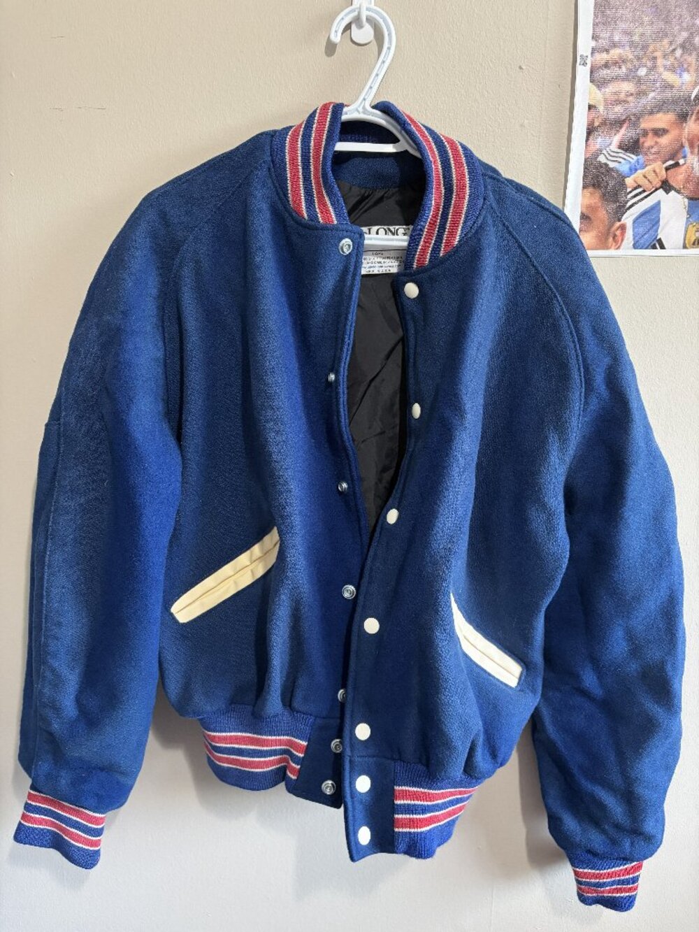 Vintage DeLONG Varsity Jacket Blue Wool USA Made Red White Blue Size L
